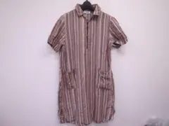 美品☆アーメンARMENリネンストライプスキッパーワンピース茶A160472のサムネイル