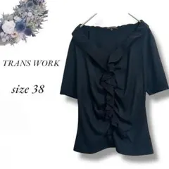 TRANS WORK 半袖フリルブラウス 38 黒 Vネック 通勤 3698
