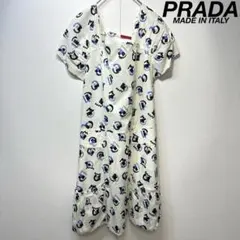 PRADA ノースリーブ ワンピース ドット柄 ピンク ブラック ロゴ 上品
