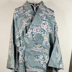 レトロ小紋着物 グリーン系 花柄 裏地付き 袖ほつれあり 化繊着物