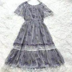 美品 アクシーズファム 紫陽花フラワープリント シフォンワンピース レースフリル