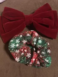 バレッタ　シュシュ　クリスマス　赤　レッド　グリーン　リボン　ツイード　ベロア