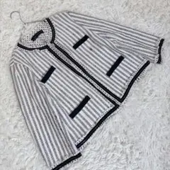 【ザラ】 (L) ノーカラーカジュアルジャケット ストライプ ドット柄 レース