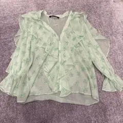 ZARA ミントグリーン シースルー　　シアー　フリルブラウス Sサイズ