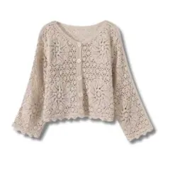 アイボリー　 透かし編みカーディガン 長袖 レース風 薄手 ショート丈 羽織り