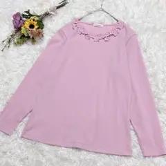 Collina Risaia【M】リブ編み 長袖カットソー 花モチーフ ピンク