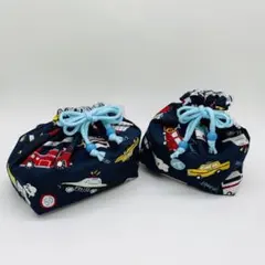 グレー はたらく車柄　お弁当袋 コップ袋  2点セット　裏地付き　入園  巾着袋