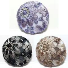 【特価】インド刺繍　ヘアゴム・ブローチ　3点セット　紫×黒×茶色　くるみボタン
