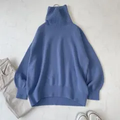 【美品】スピックアンドスパン カシミヤ混 プルオーバーニット ハイネック ブルー