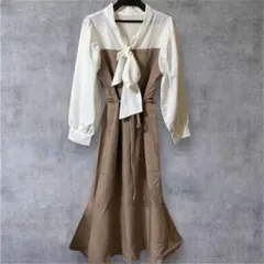 【新品タグ付】toccoボウタイ素材切替ギャザーマーメイドロングワンピースM