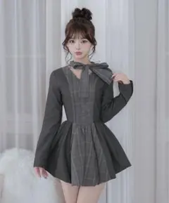 Darich チェックストライプバルーンミニワンピース FL GRY