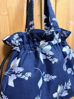 訳あり品　花柄ネイビーふっくらトートバッグ　巾着バッグ