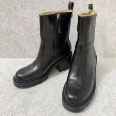 ZARA 撥水 レザー ボア ショートブーツ 厚底 サイドジップ 37 黒