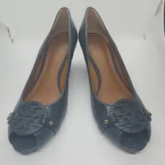 【美品】TORY BURCHオープントウ ウェッジパンプス ネイビー26.5cm