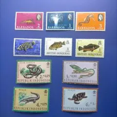 4979 外国切手 複数国 魚類 海洋生物 動物 10種 未使用