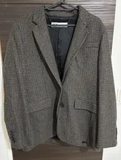 ZARA チェック柄 エルボーパッチブレザー ウール混テーラードジャケット茶色M