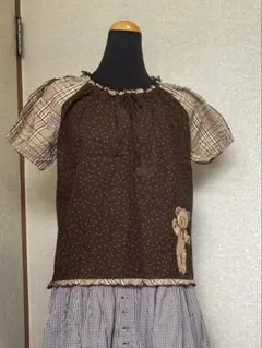 テディベア刺繍 半袖ブラウス ブラウン チェックのサムネイル