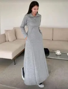 【美品】ジップフロントロングワンピース　襟付きワンピース　ハイネック　2WAY