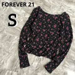 FOREVER 21 【S】花柄 バラ長袖リブトップス 背中開き 黒 赤 緑