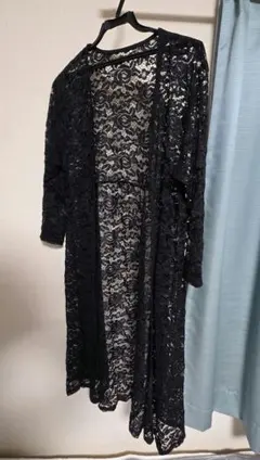 レディース レース 花柄 ロングカーディガン ブラックのサムネイル