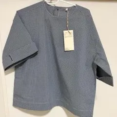 【未使用MUJI 乾きやすいブロード五分袖ブラウス婦人M・ダークネイビーチェック