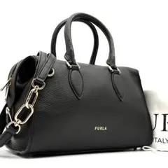 未使用級 フルラ 2way ゾーン サッチェルバッグ レザー ロゴ レザー 黒