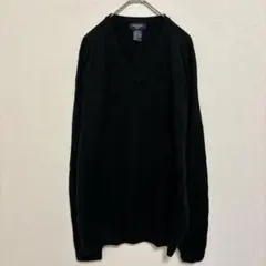 希少XL✨ Vネック ニット セーター 黒 ストライプ オーバーサイズ リブ編み