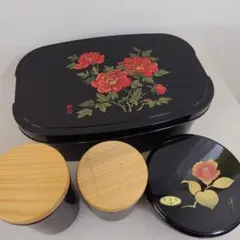 茶櫃 花柄容器のセット お盆 アンティーク 金蒔絵漆器　和風 文箱 収納箱にも