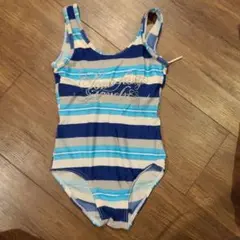 130cm青と白のストライプ水着、140cmラッシュガードのセット