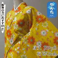 k249【美品】浴衣 鮮やかな向日葵色 オレンジ 花 身丈159cm 裄67.5