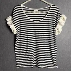 PINCEAU パンソー フリル袖 ストライプ 半袖Tシャツ M 白黒 レーヨンのサムネイル