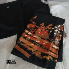 D967 黒留袖 花車 鶴 金彩 正絹 着物 袷 しつけ糸付き未使用極美品