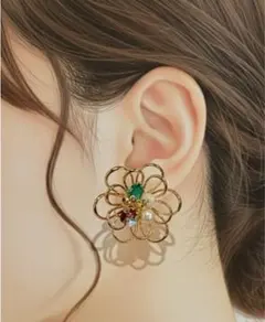 Flowering 花 イヤリング リング フラワー ゴールド 成人式　卒業式
