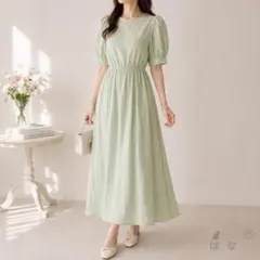 &.NOSTALGIA バックネックリボンボリュームスリーブワンピース M 緑