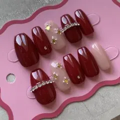 【現品】ネイルチップ ボルドー 赤 ベージュ ラメ リボン ハート 推し