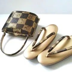 和装 草履バッグセット 正絹 西陣織 金欄 宝尽くし 市松模様 ゴールド