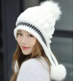 ニット帽　レディース　ポンポン　耳当て付き　スキー　スノボ
