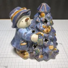 陶器製 スノーマンとクリスマスツリー キャンドルホルダー