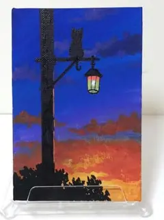 アクリル画 夕暮れの街灯と猫 キャンバスアート