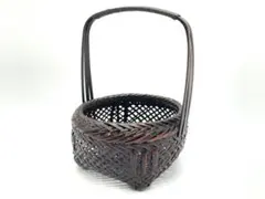 【上物】煤竹 持ち手付き籠　手堤網代篭 竹細工　　K0705J