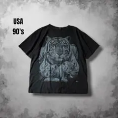 90s WILDヴィンテージアニマルTシャツ ホワイトタイガー モノクロアートTのサムネイル
