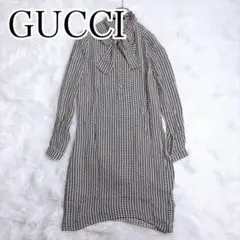 GUCCI シルクワンピース　ボウタイ 千鳥格子 リボン付き　ベルト付のサムネイル