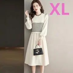 上品❣️ワンピース XL ホワイト ボーダー ニット 膝丈 レディース 丸襟 長袖
