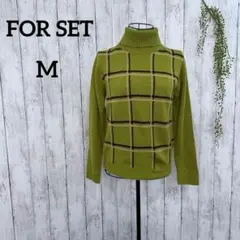 フォーセット ニット セーター M ウール100 チェック柄 タートル 緑