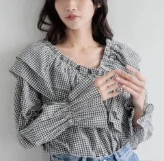 LOWRYS FARM アシメフリルギャザーブラウス ギンガムチェック