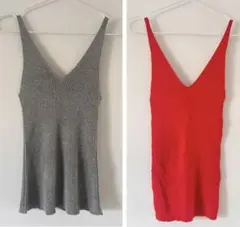 H&M 長谷川潤ちゃん着用　リブ深Vネックタンクトップセット（グレー・レッド）