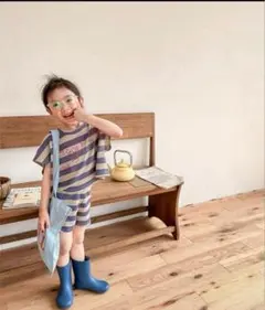 ベビー服セット 青とベージュ ストライプ