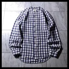 90s OLD GAP リネン レーヨン バンドカラー シャツ チェック 白 紺