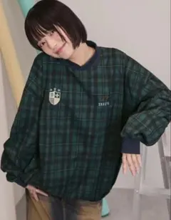 ダブルロゴ刺繍ドロストチェックプルオーバー M SHEIN