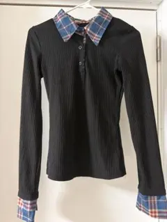 リブ編み ブラック 長袖ポロシャツ チェック襟